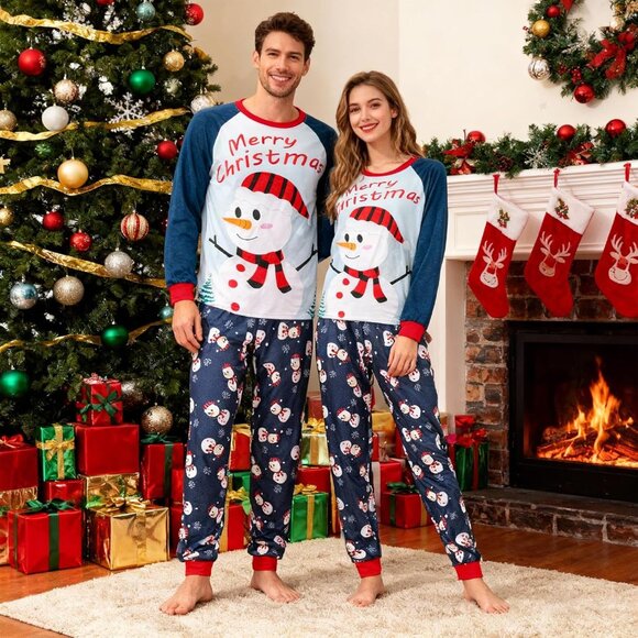 Matching Christmas Pajama Set Snowman Santa Print Long Sleeve Sleepwear - Picture 2 of 4